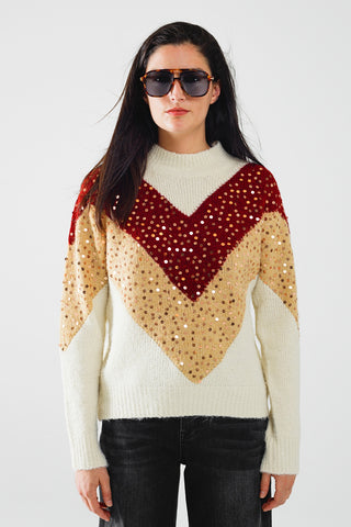 burgundy and beige color block knit sweater with sequin embellishment