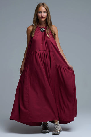 Burgundy Halter Neck Maxi Dress With Seam Detailing