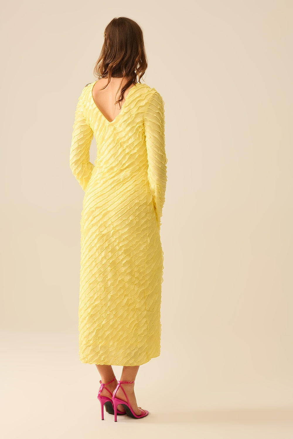 Butter Yellow Maxi Dress With Bias mini Ruffle Design - Dresses