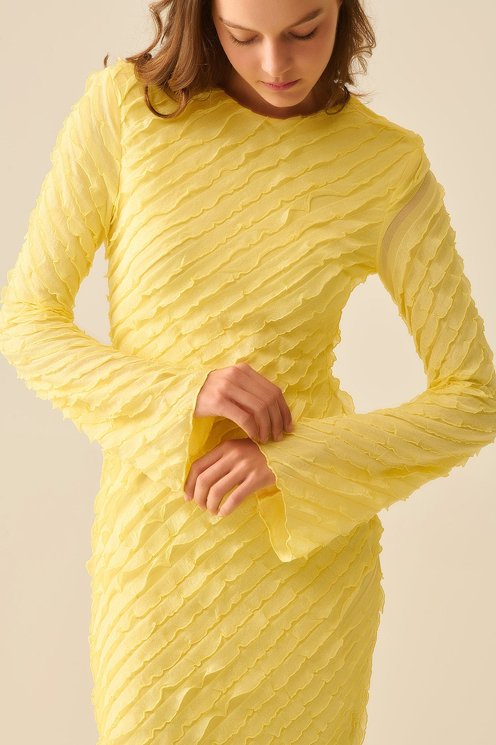 Butter Yellow Maxi Dress With Bias mini Ruffle Design - Dresses