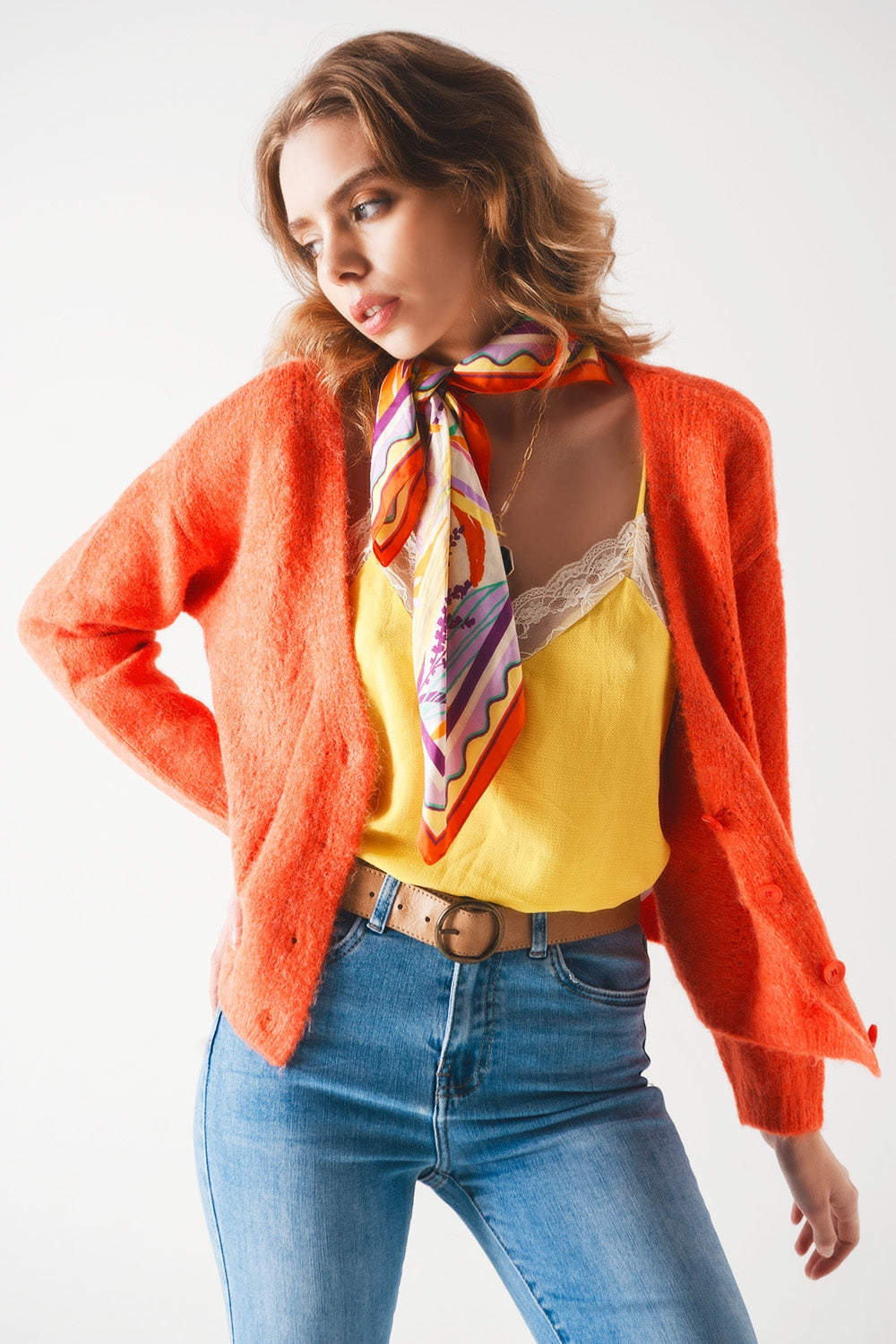 Button down cardigan in orange Q2 Sweaters BoutiqueLua