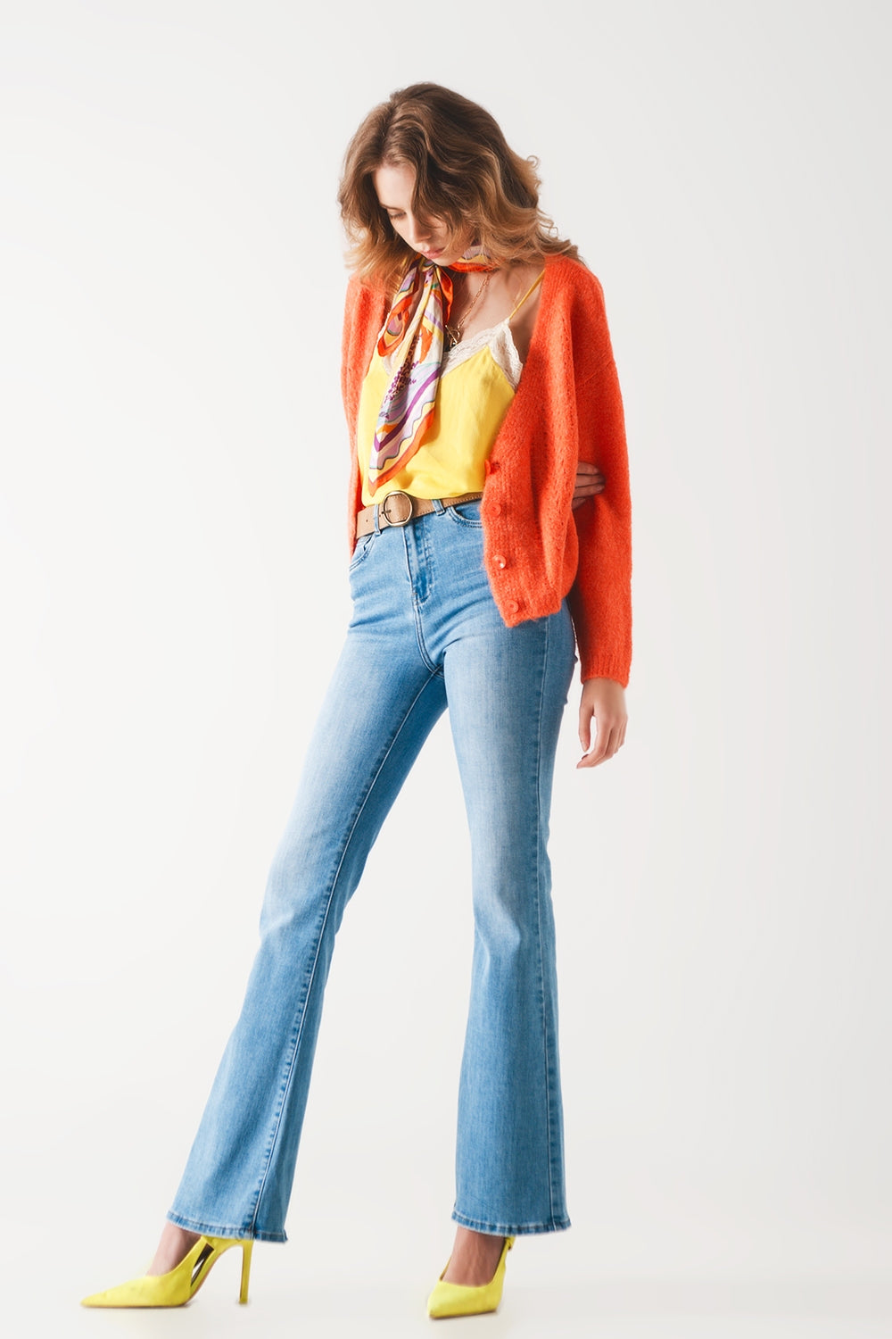 Button down cardigan in orange Q2 Sweaters BoutiqueLua
