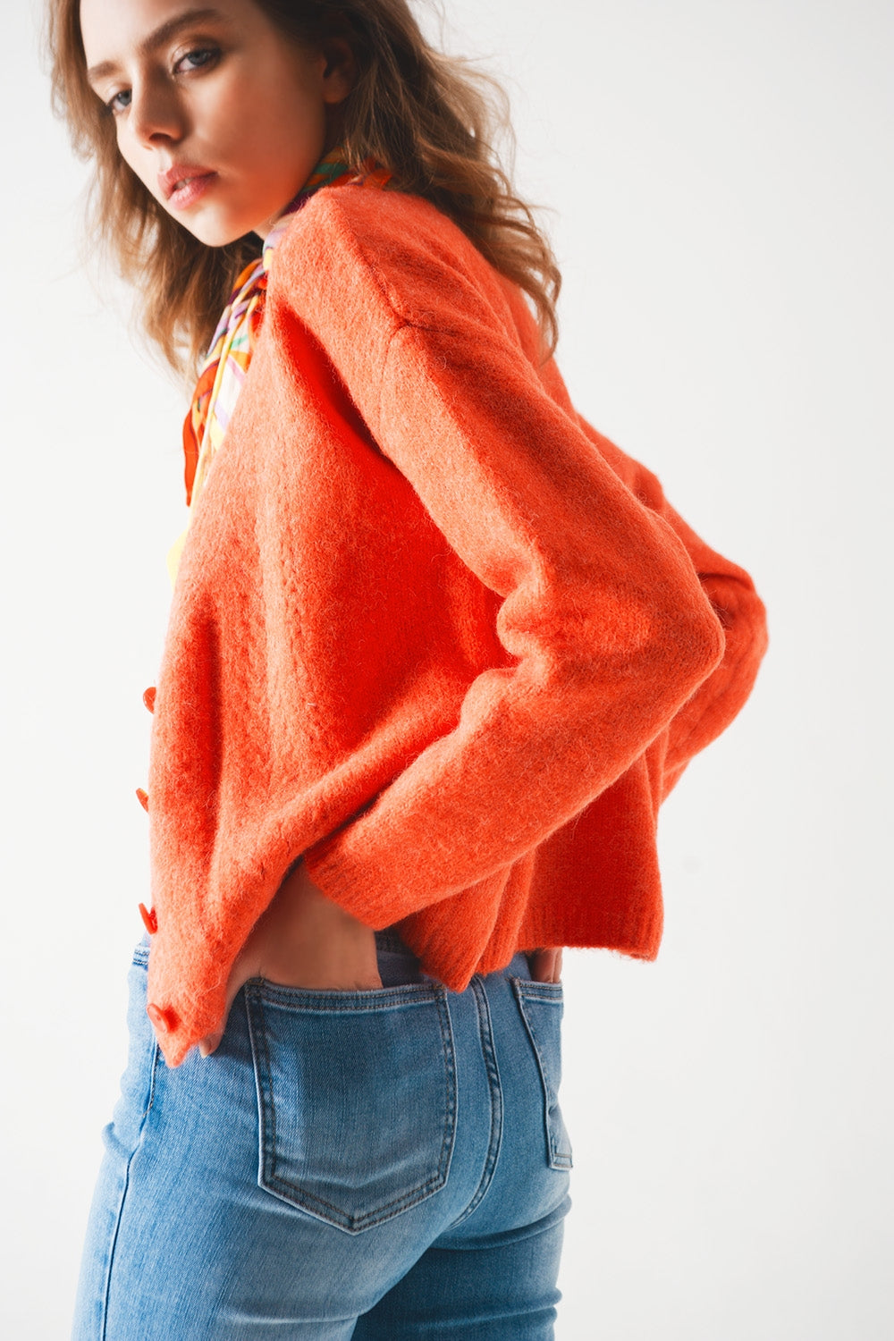 Button down cardigan in orange Q2 Sweaters BoutiqueLua