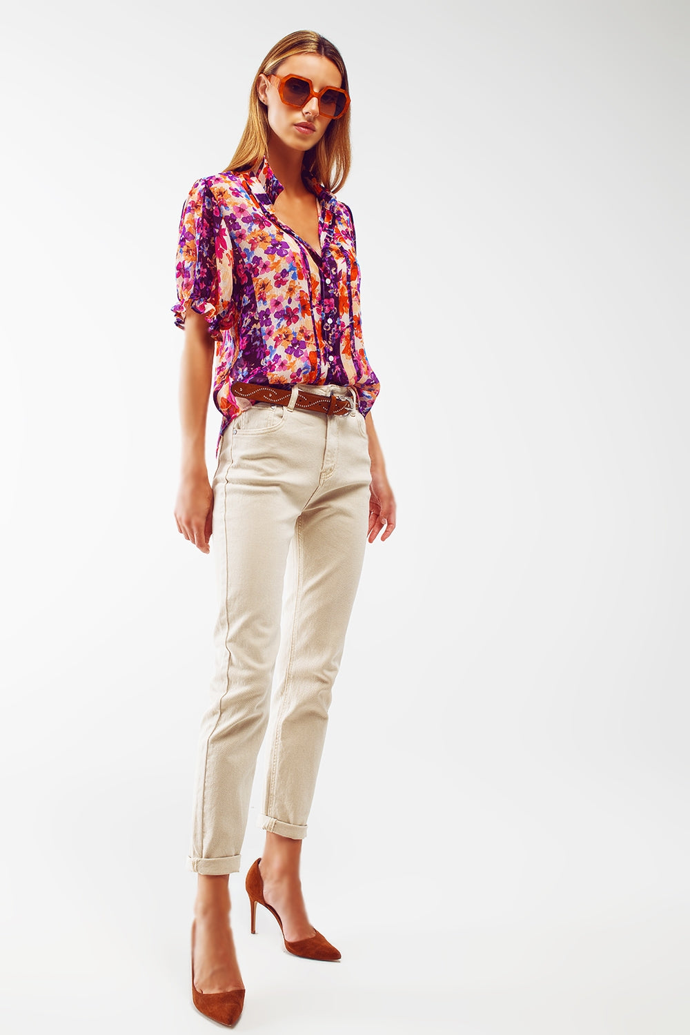 Button Down Shirt With Floral Print And Puff Short Sleeves - Shirts