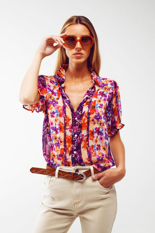 Button Down Shirt With Floral Print And Puff Short Sleeves