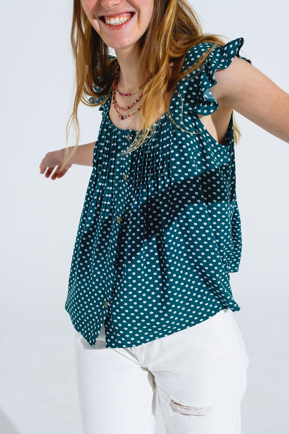 Button Up Blouse With Frilly Short Sleeves and Flower Print in Green - Blouses