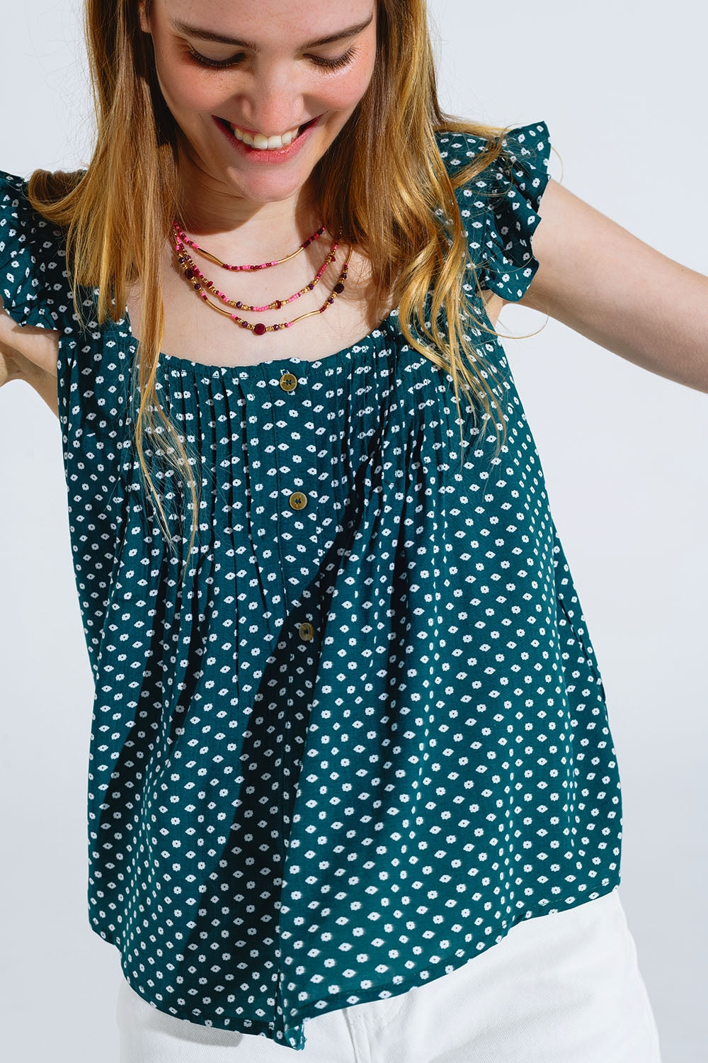 Button Up Blouse With Frilly Short Sleeves and Flower Print in Green - Blouses