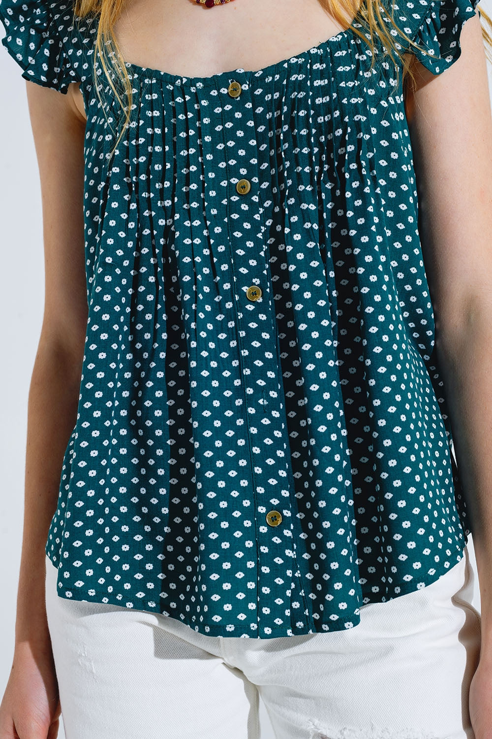 Button Up Blouse With Frilly Short Sleeves and Flower Print in Green - Blouses