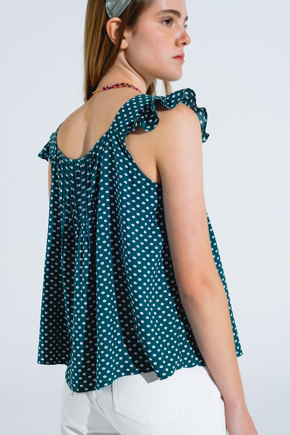 Button Up Blouse With Frilly Short Sleeves and Flower Print in Green - Blouses
