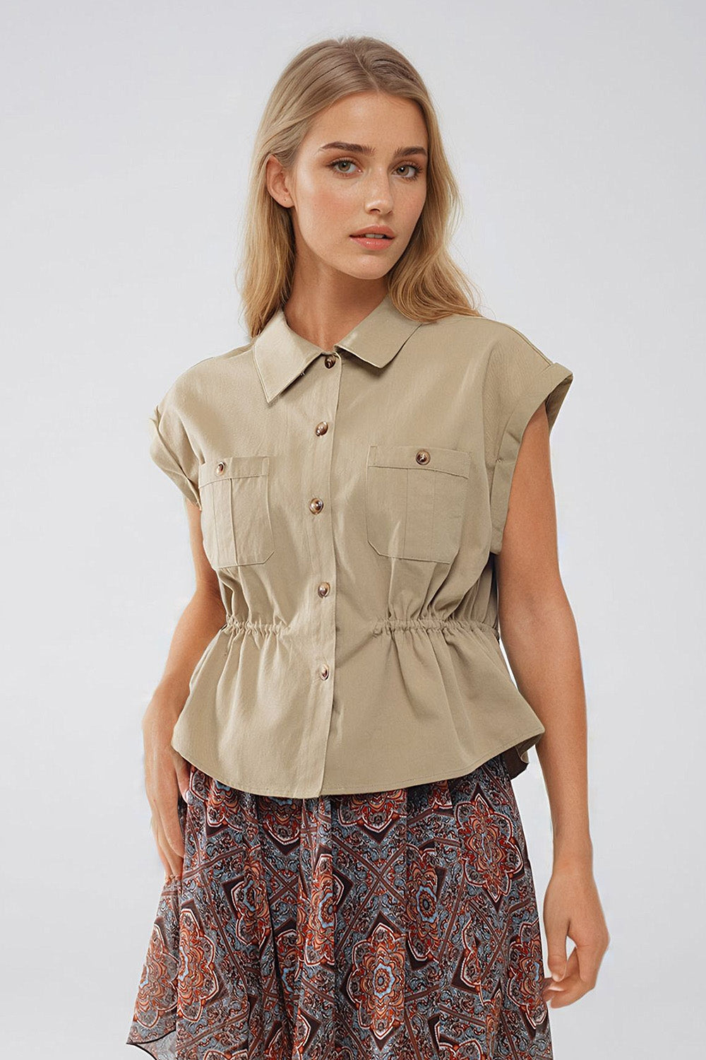 Button Up Khaki Shirt With Chest Pockets - Shirts
