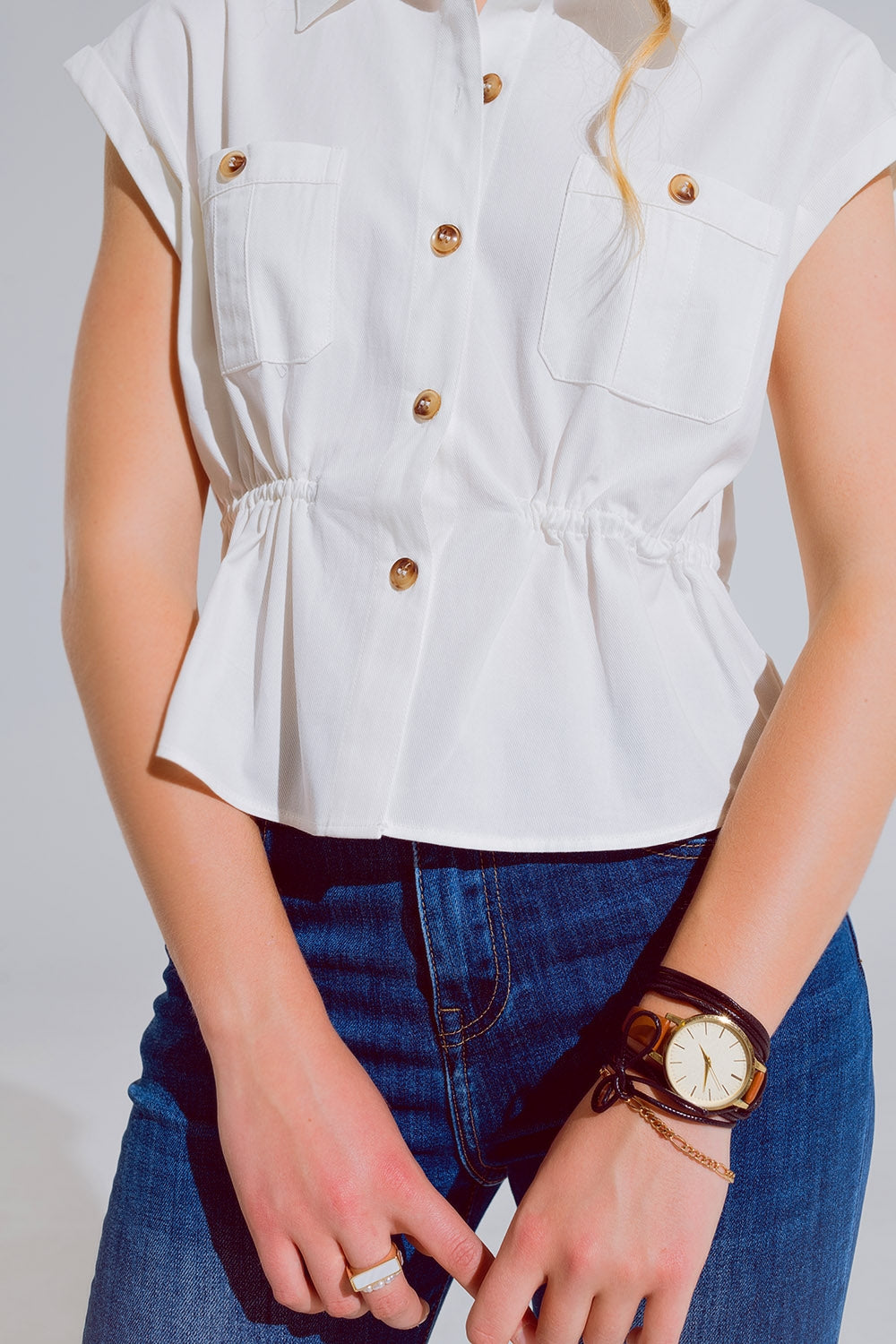 Button Up White Shirt With Chest Pockets - Shirts