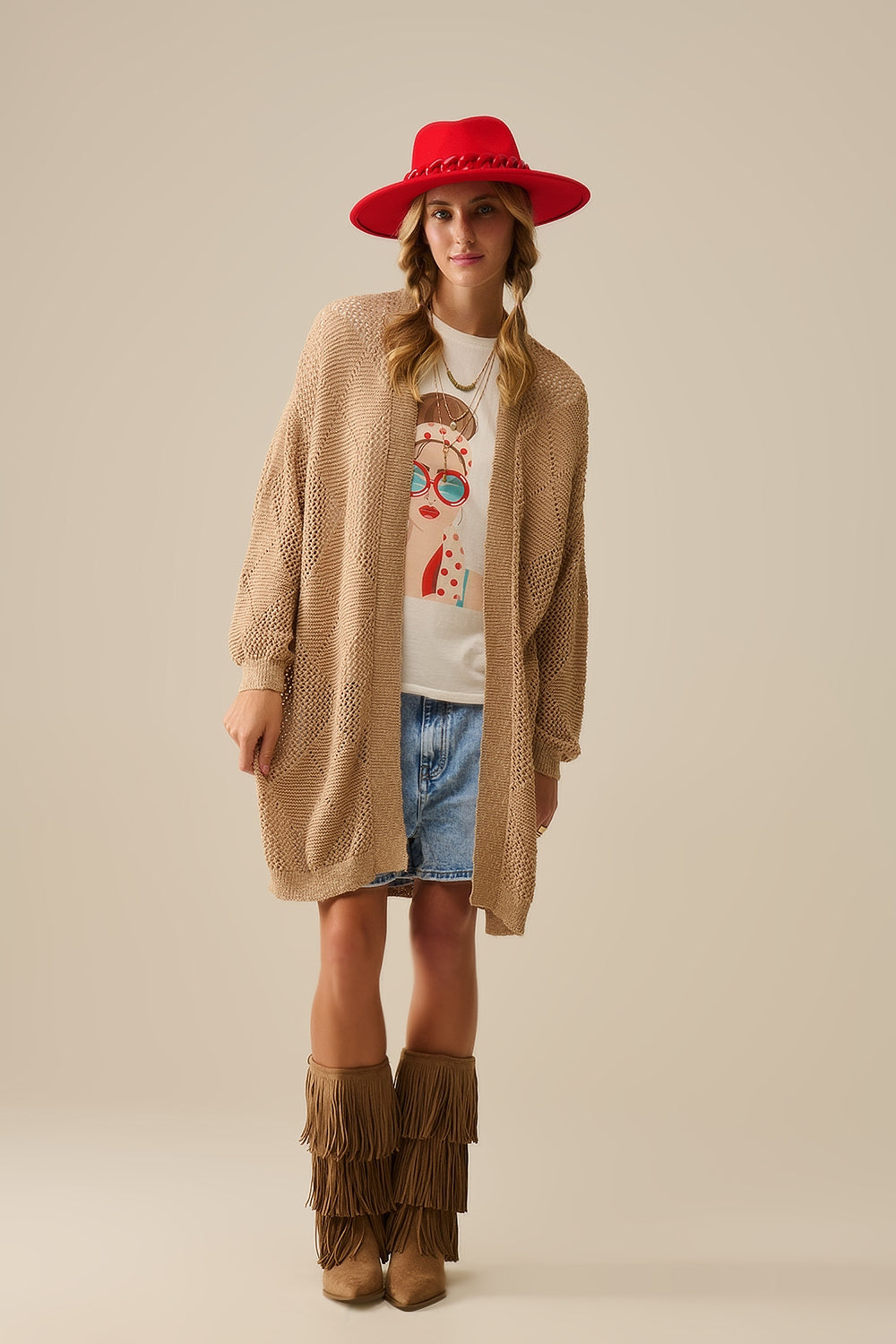 Camel Draped Cardigan With Crochet Design - Cardigans