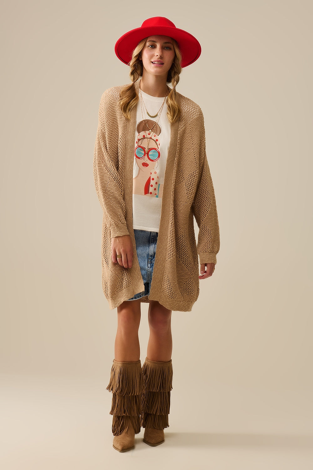 Camel Draped Cardigan With Crochet Design - Cardigans