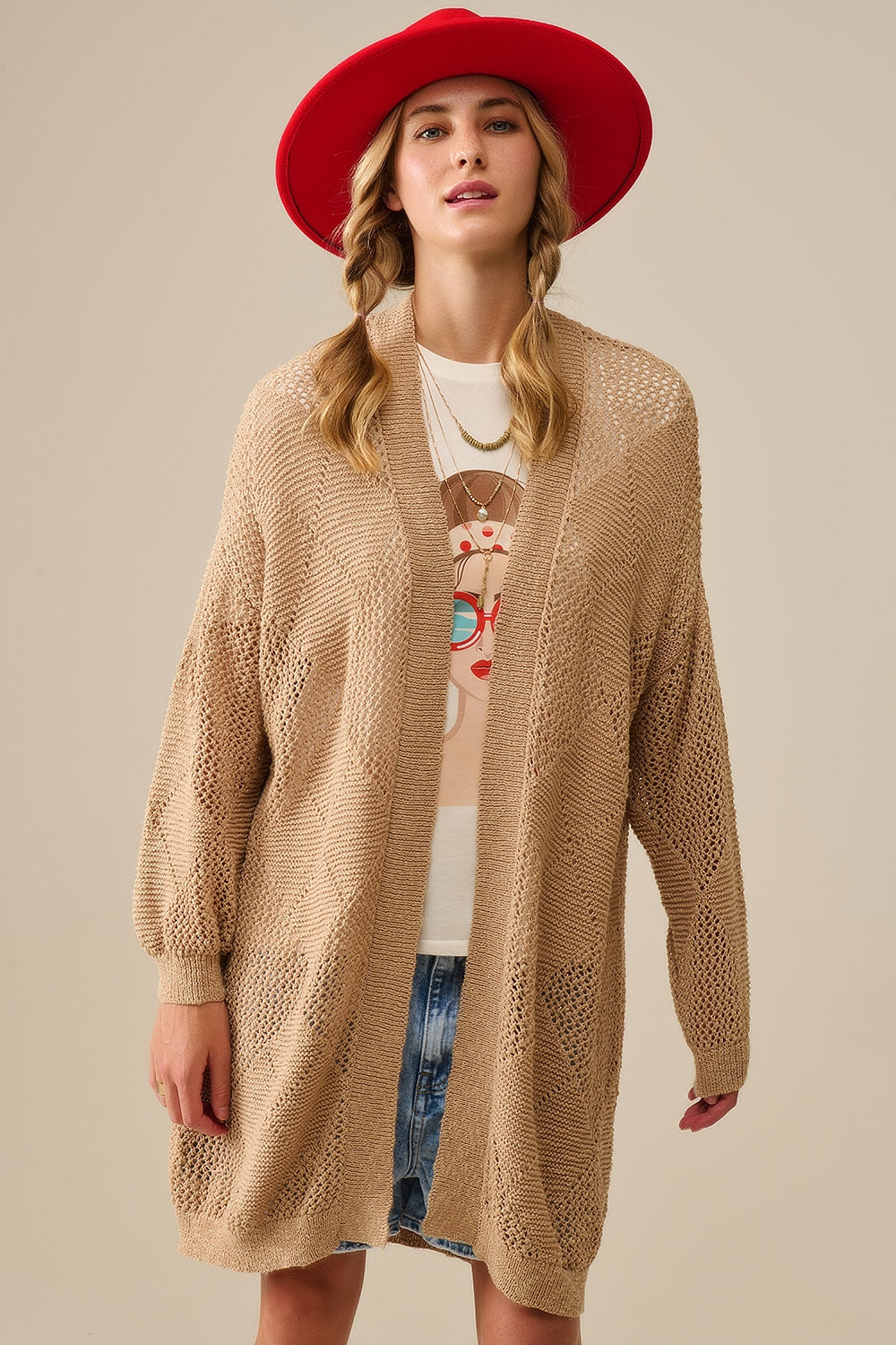 Camel Draped Cardigan With Crochet Design - Cardigans