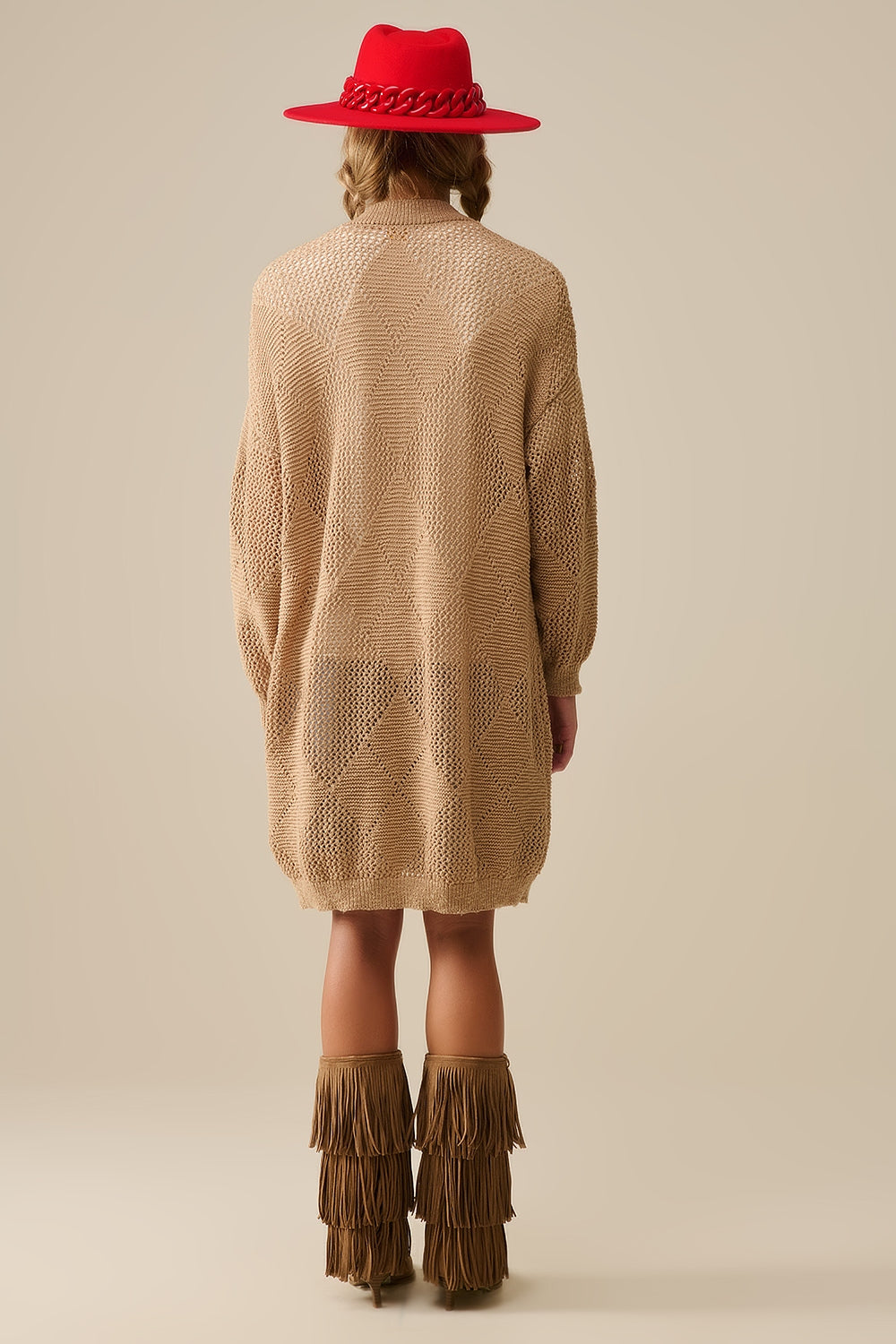 Camel Draped Cardigan With Crochet Design - Cardigans