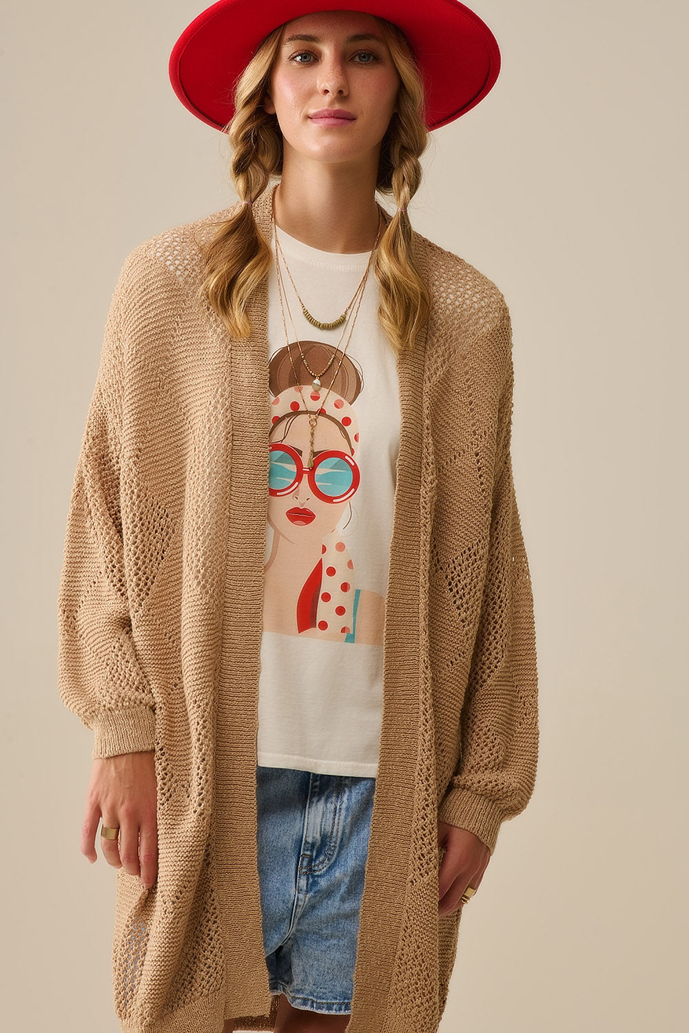 Camel Draped Cardigan With Crochet Design - Cardigans