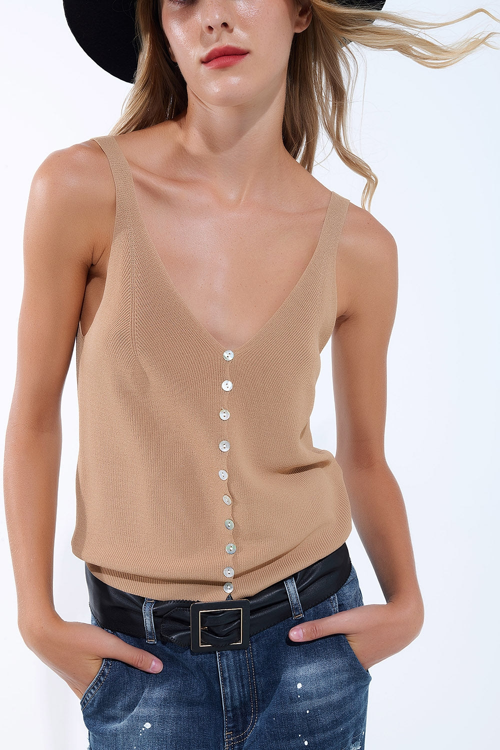 Camel Knit Buttoned Crop Top - Tops