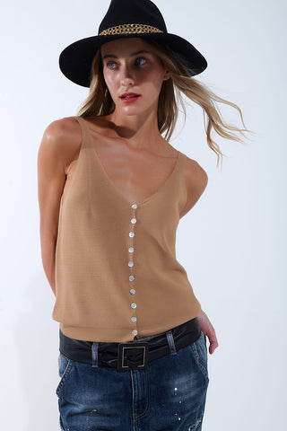Camel Knit Buttoned Crop Top