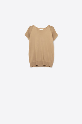 Camel Ribbed Short Sleeve Sweater with knitted mesh on the shoulder