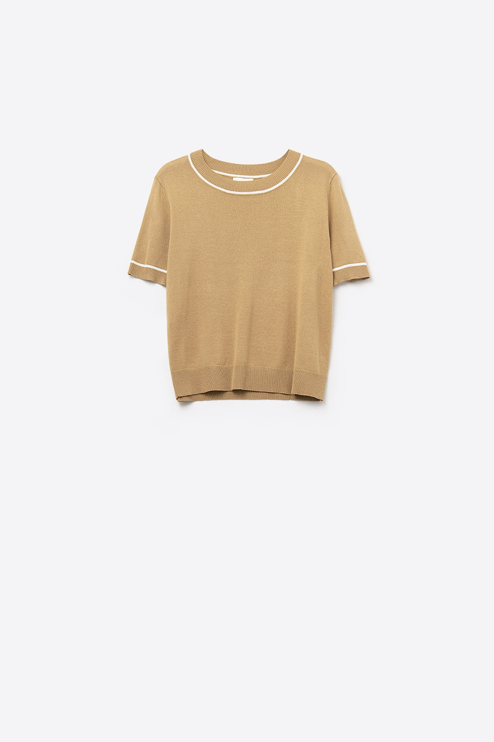 Camel Short Sleeve Knit Top with White Contrast Trims - Sweaters