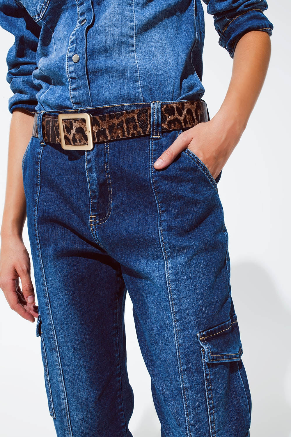 Cargo Style Jeans with Seam Down the Front in Medium Wash - Jeans