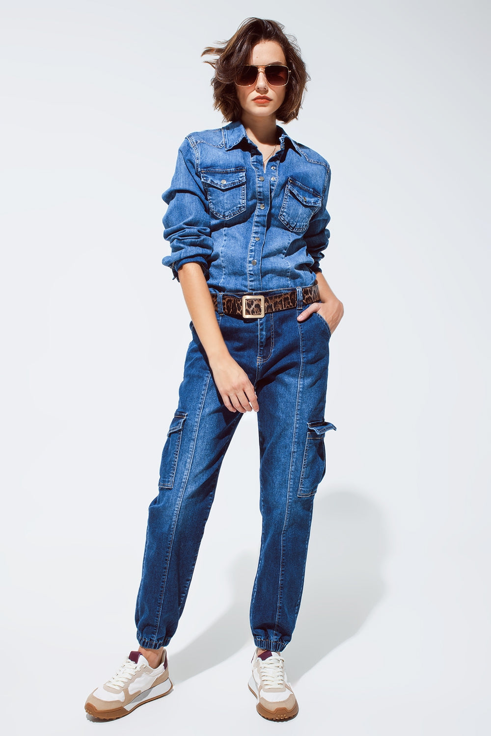 Cargo Style Jeans with Seam Down the Front in Medium Wash - Jeans