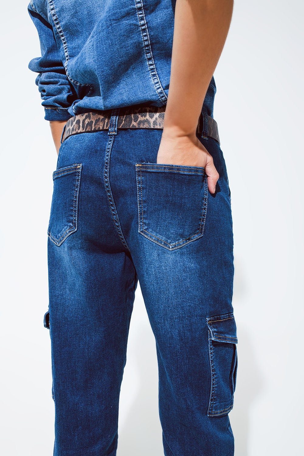 Cargo Style Jeans with Seam Down the Front in Medium Wash - Jeans