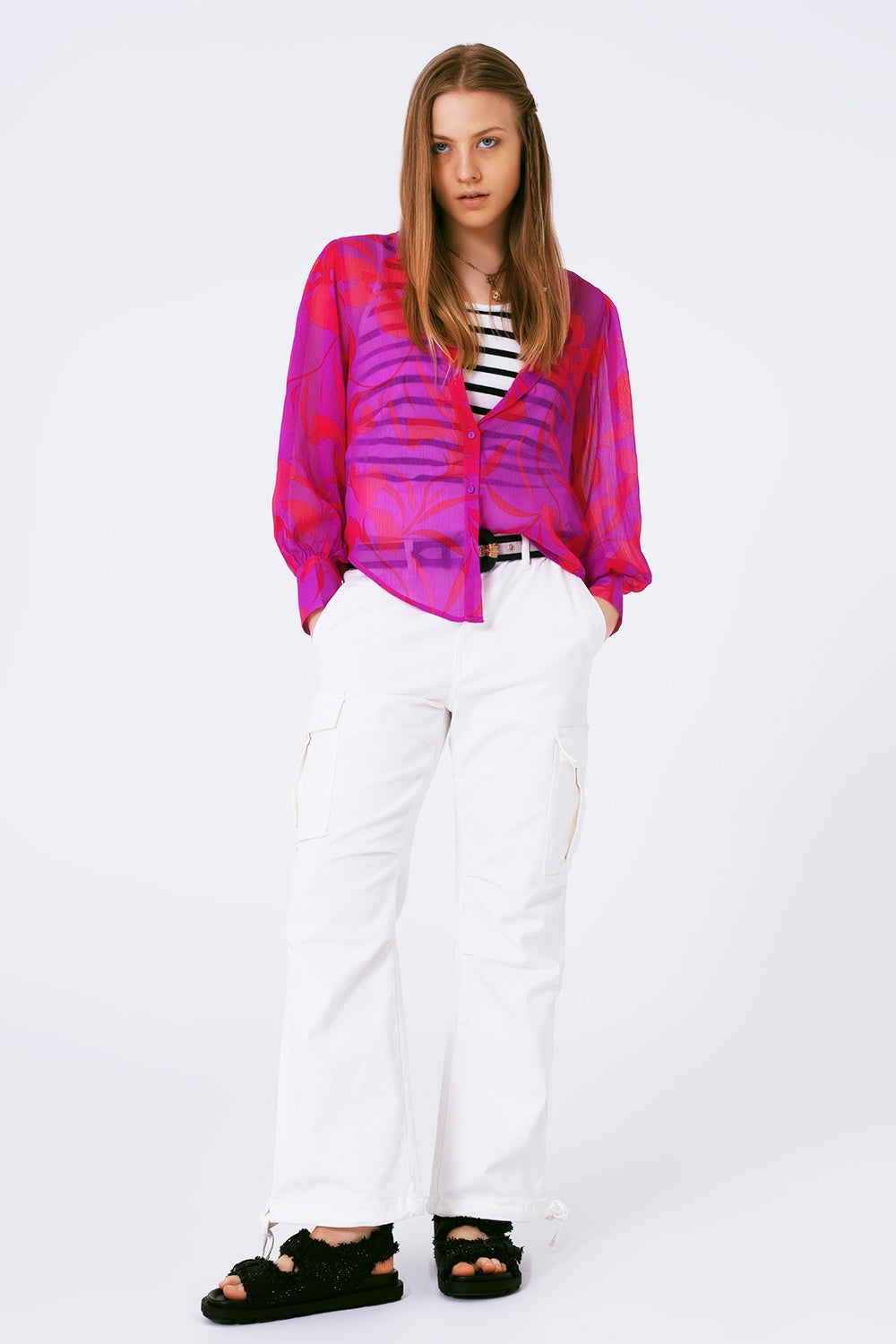 chiffon floral print blouse in fuchsia - Shirts
