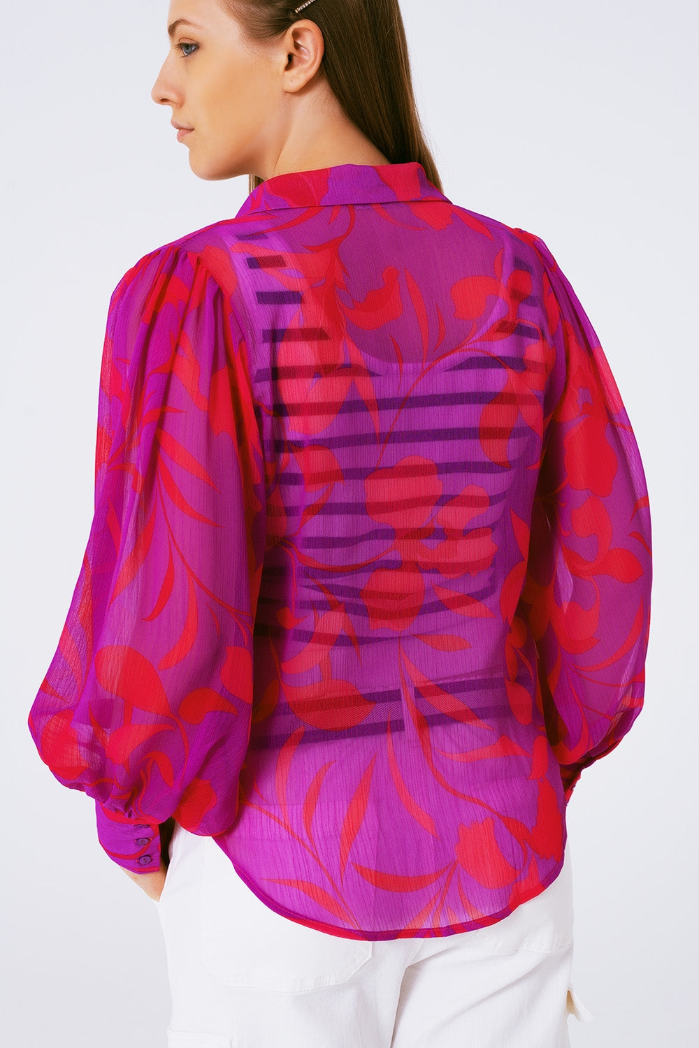 chiffon floral print blouse in fuchsia - Shirts
