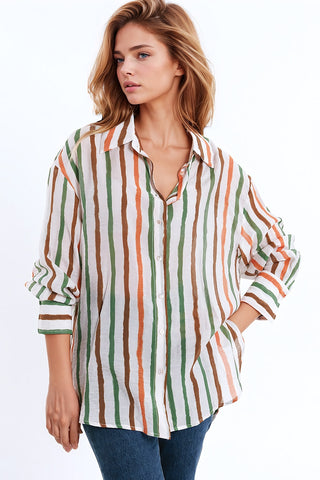 chiffon long sleeve shirt with multicolor stripes green and brown