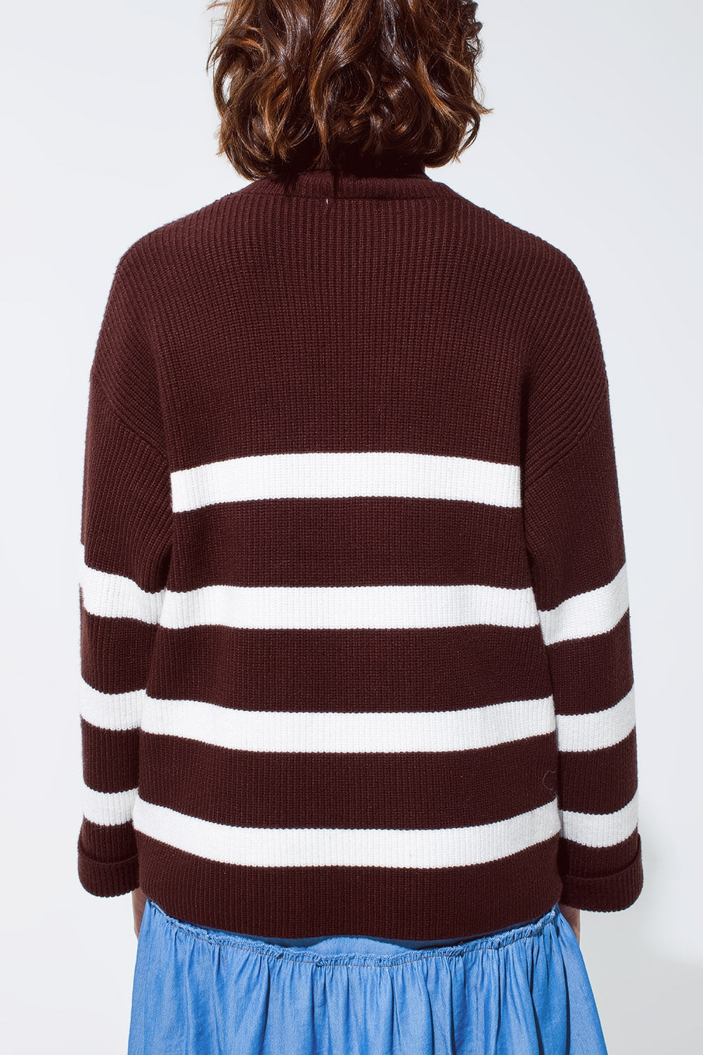 Chocolate Brown turtle neck sweater with white stripes Q2 Sweaters BoutiqueLua