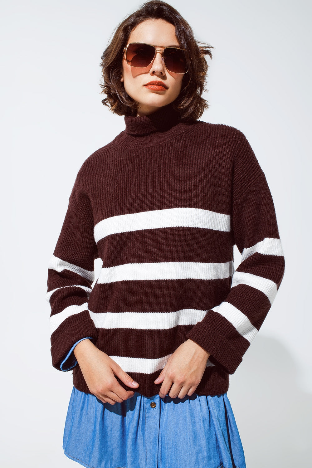 Q2 Chocolate Brown turtle neck sweater with white stripes