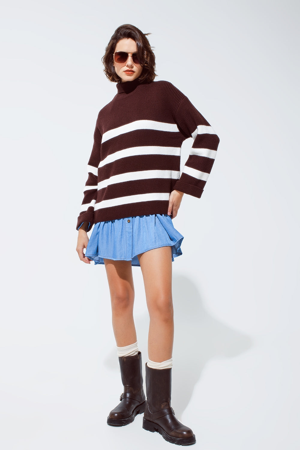Chocolate Brown turtle neck sweater with white stripes Q2 Sweaters BoutiqueLua