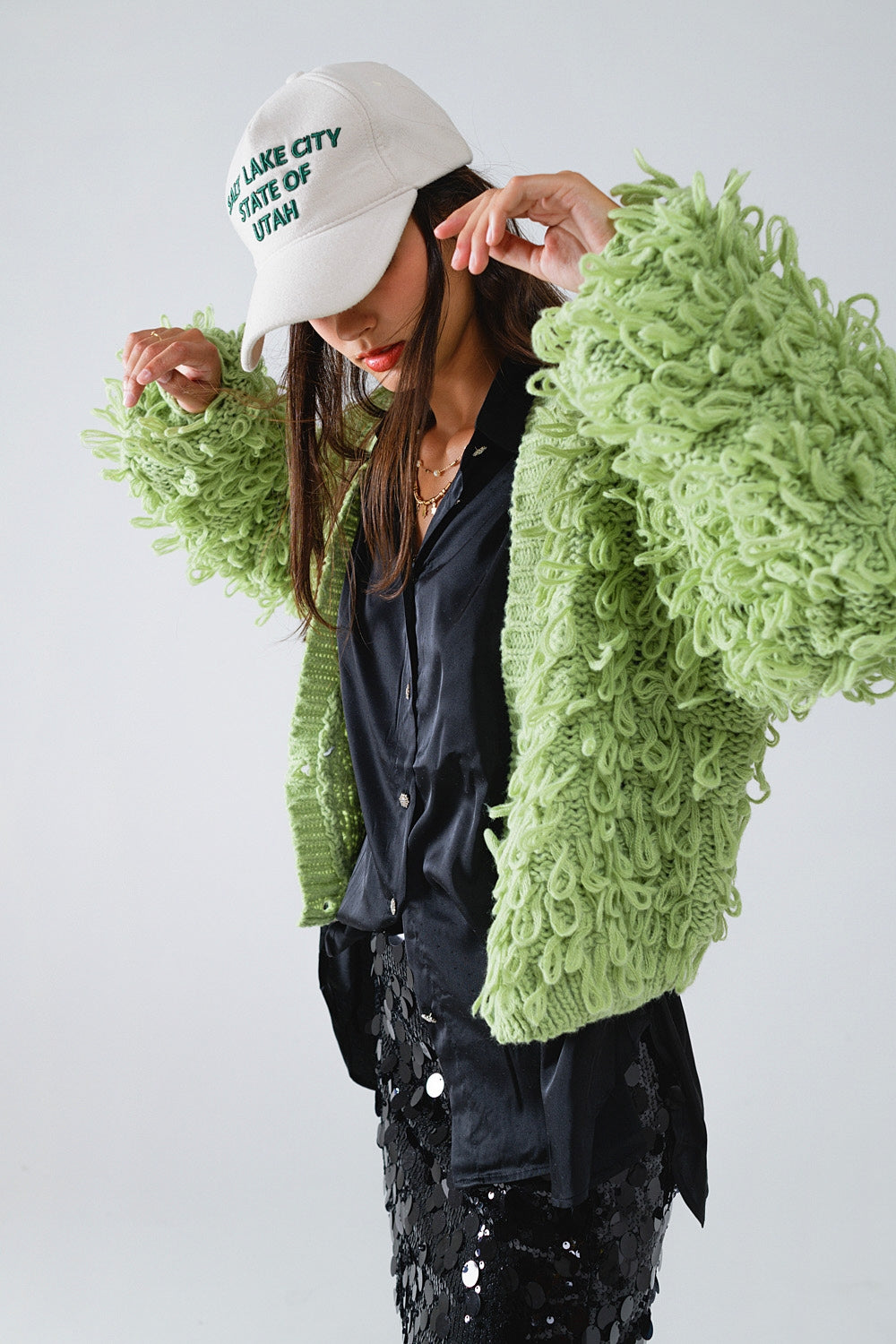 Chunky Textured Cardigan in Green with Long Fringe Q2 Coats and Jackets BoutiqueLua