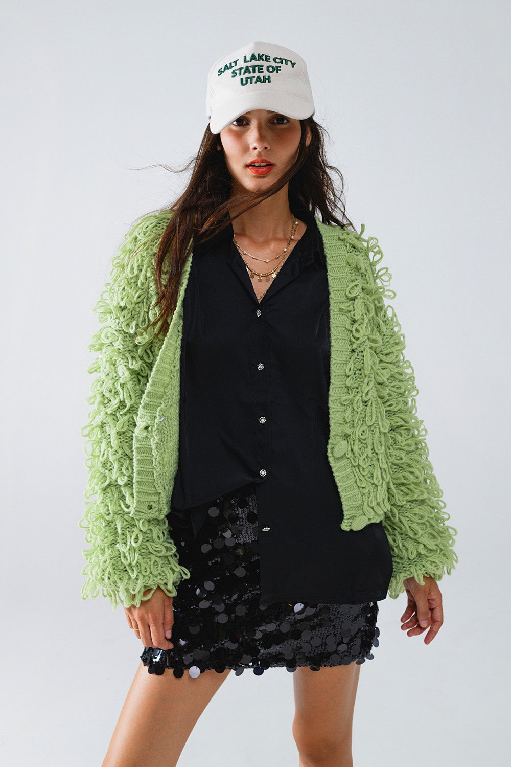 Chunky Textured Cardigan in Green with Long Fringe Q2 Coats and Jackets BoutiqueLua