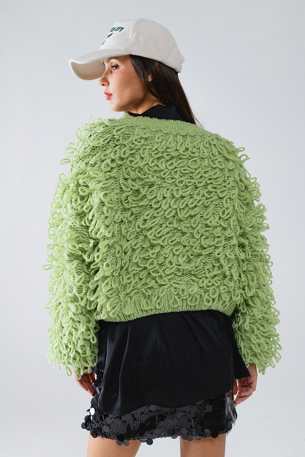 Chunky Textured Cardigan in Green with Long Fringe Q2 Coats and Jackets BoutiqueLua