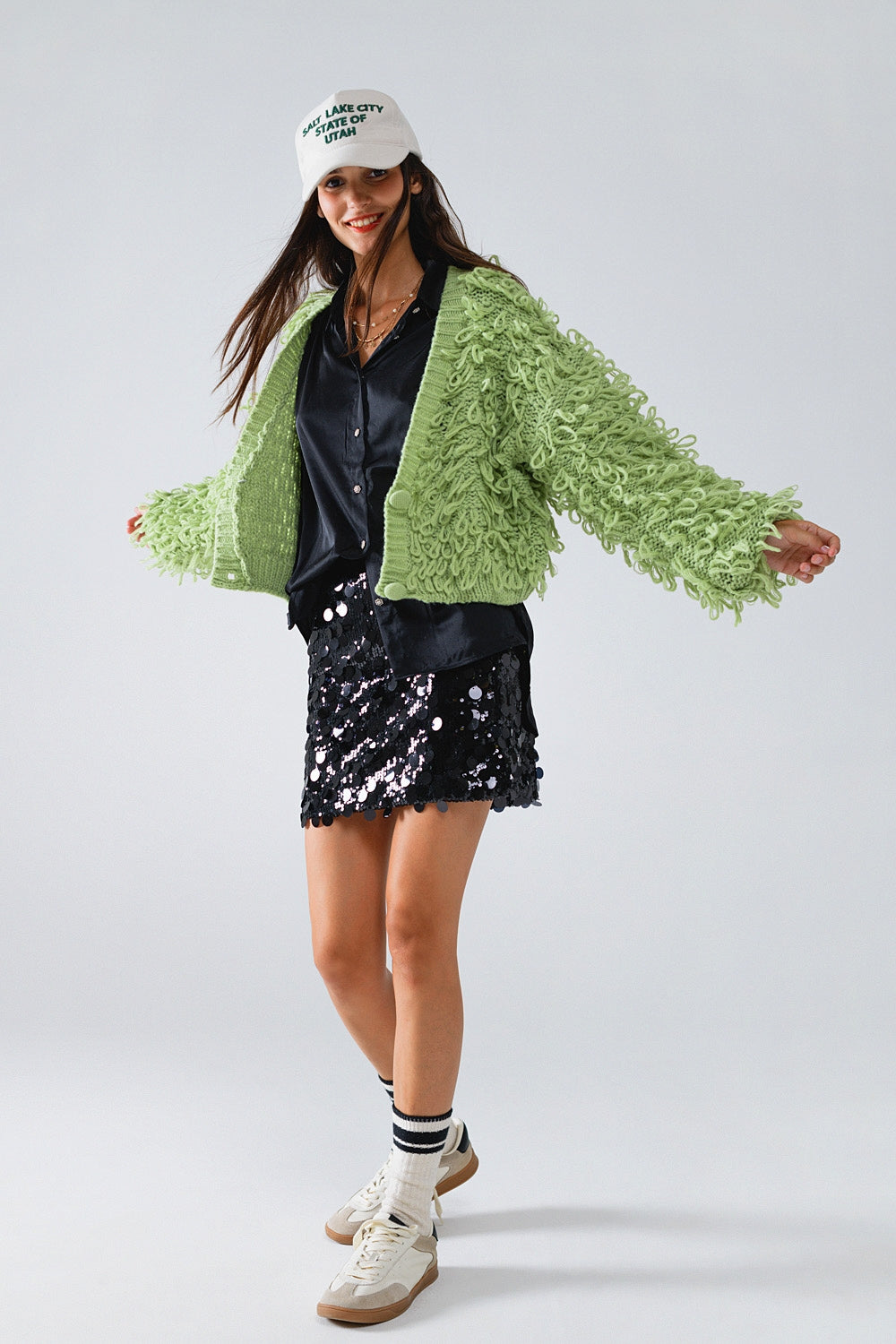 Chunky Textured Cardigan in Green with Long Fringe Q2 Coats and Jackets BoutiqueLua