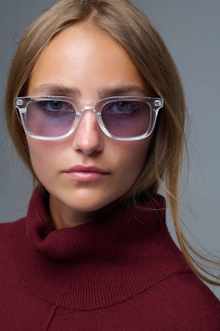 Clear Square Sunglasses with blue Gradient Lenses and metal side detail