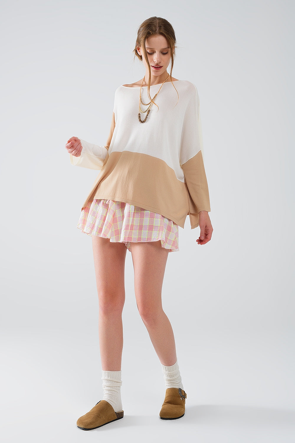 Color Block Bat Wing Sweater In White and Beige - Jumpers