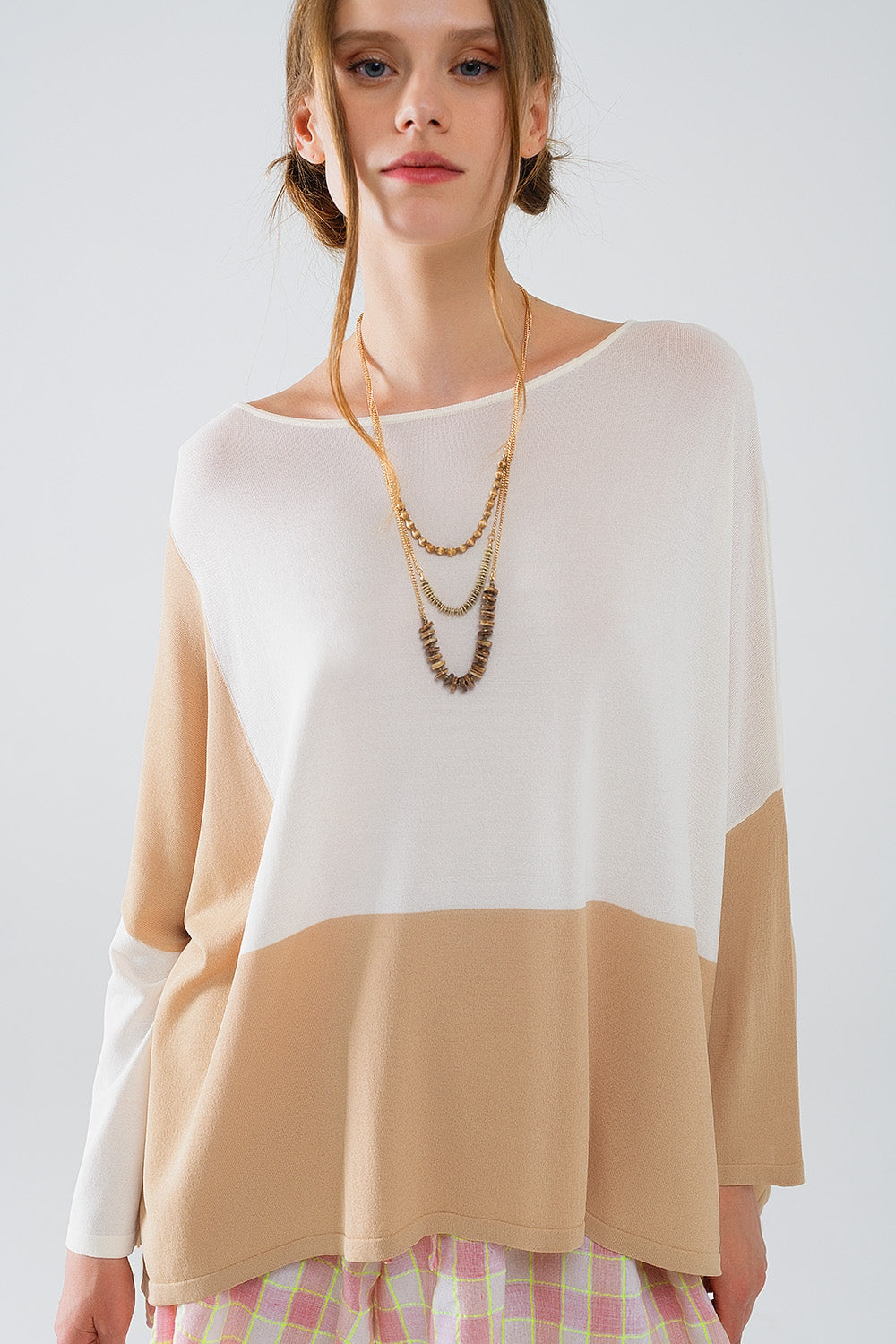Color Block Bat Wing Sweater In White and Beige - Jumpers