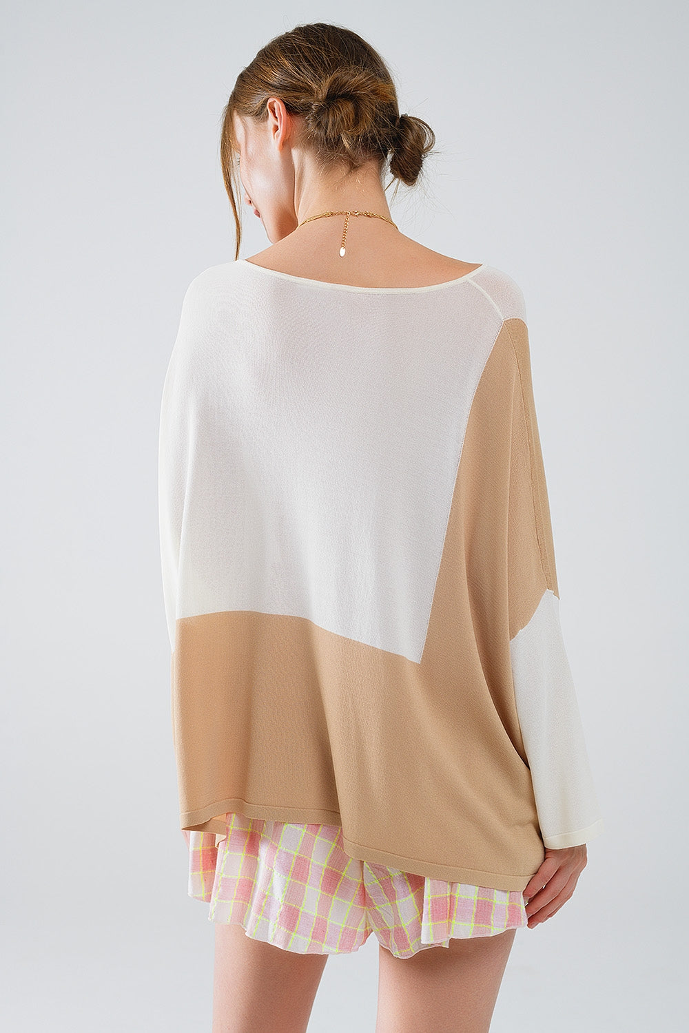 Color Block Bat Wing Sweater In White and Beige - Jumpers