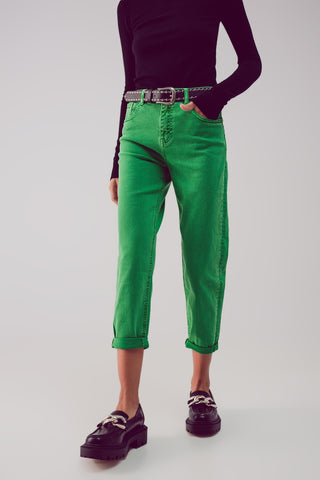Jeans folgado de algodão de cintura média em verde