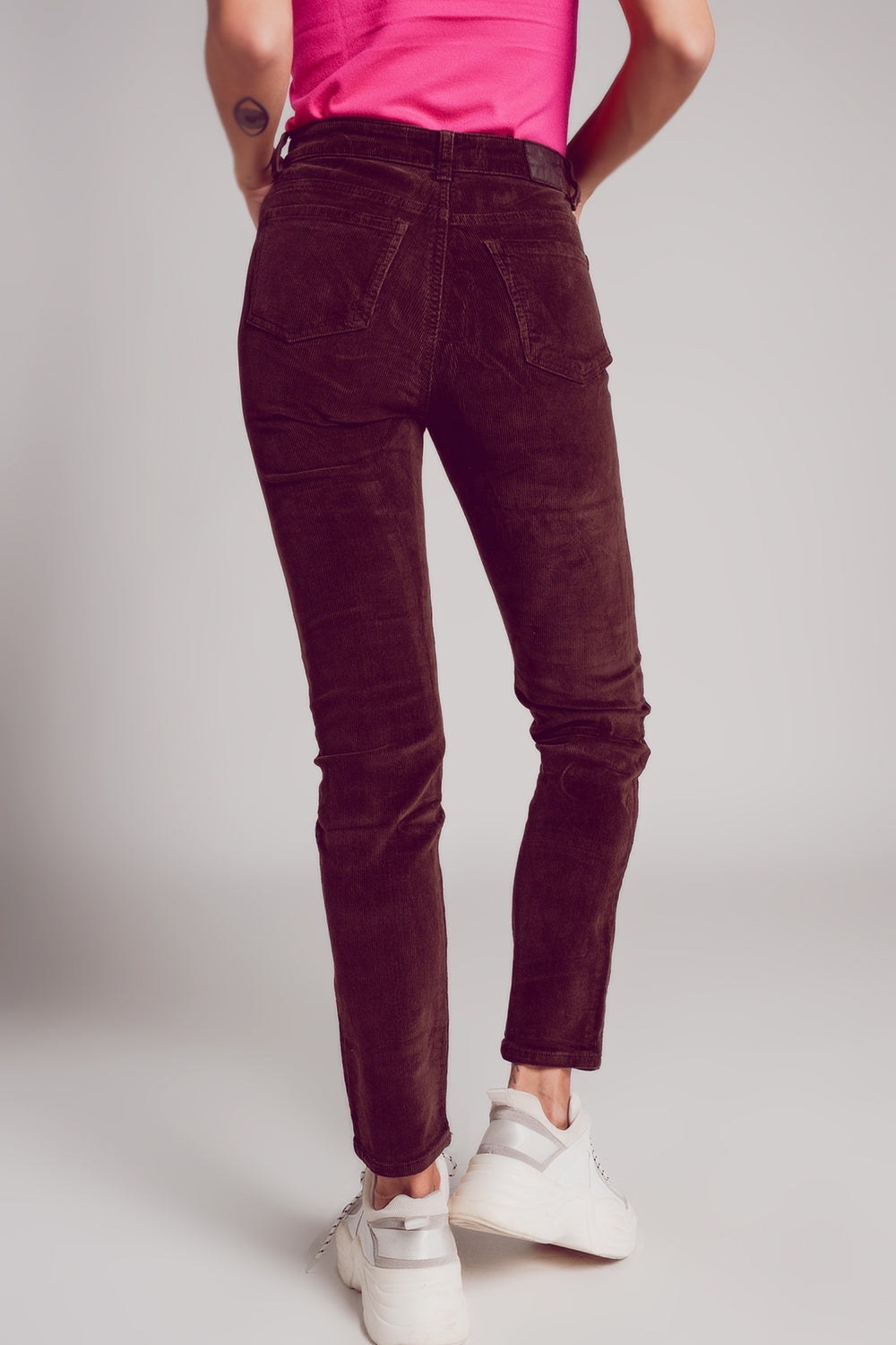 Cotton skinny cord pants in chocolate brown Q2 Pants BoutiqueLua