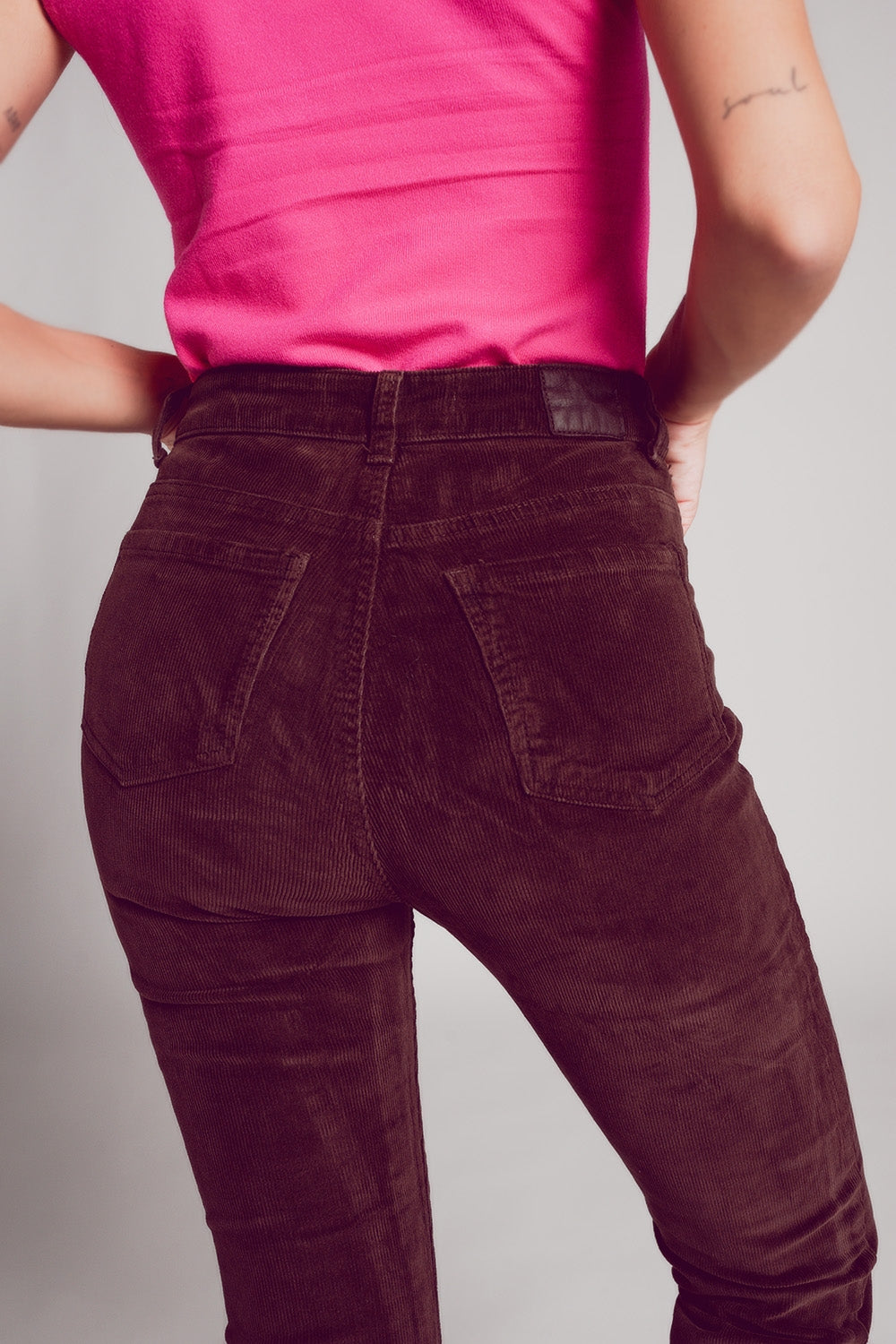 Cotton skinny cord pants in chocolate brown Q2 Pants BoutiqueLua