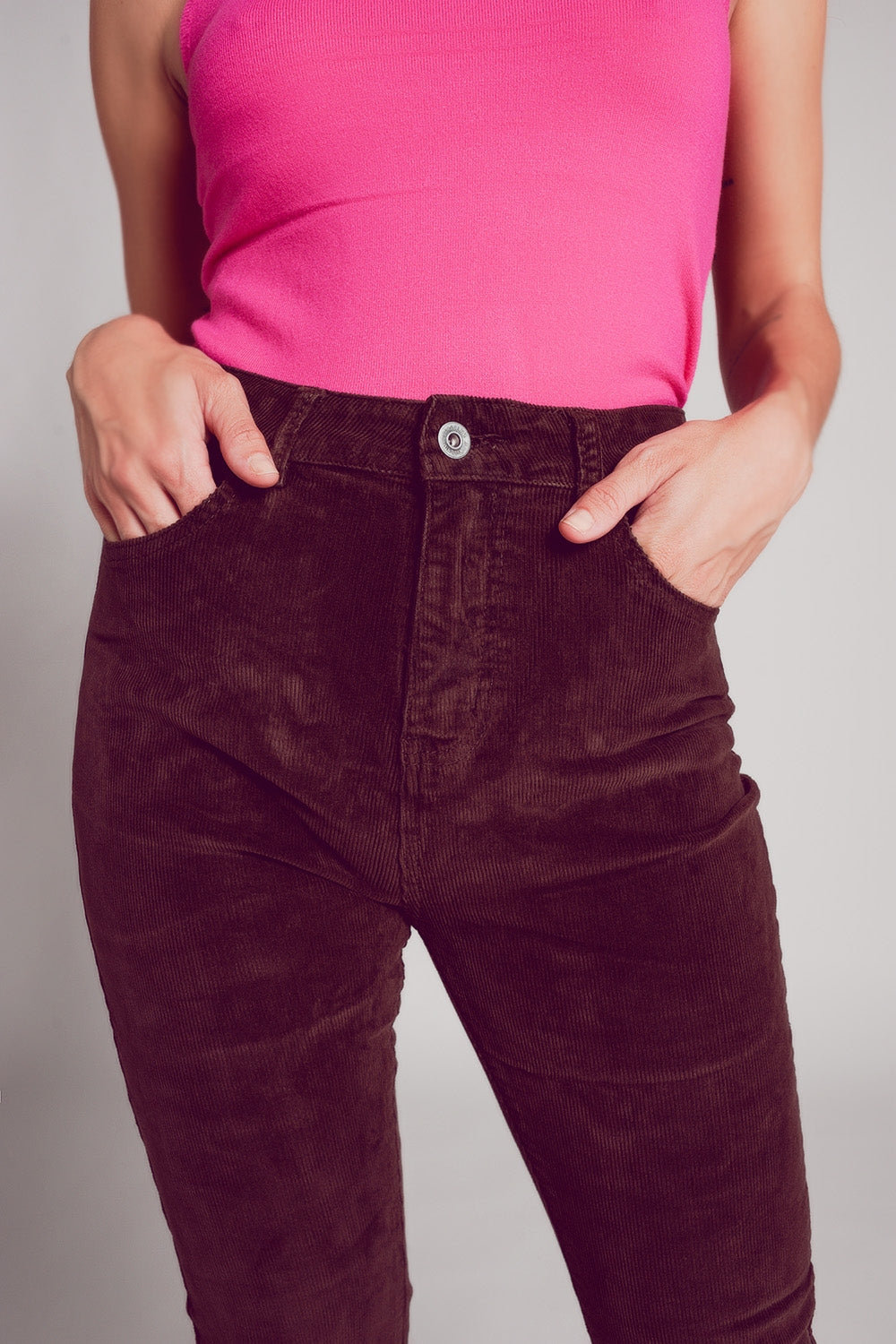 Cotton skinny cord pants in chocolate brown Q2 Pants BoutiqueLua
