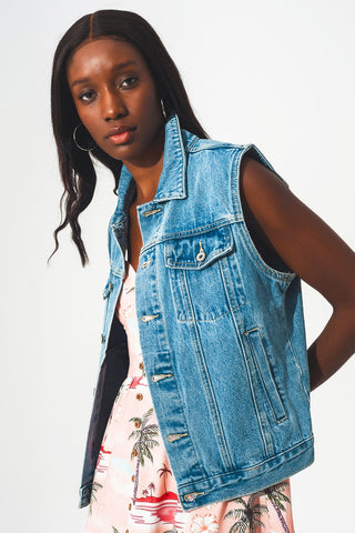 veste en jean sans manches en coton bleu années 70
