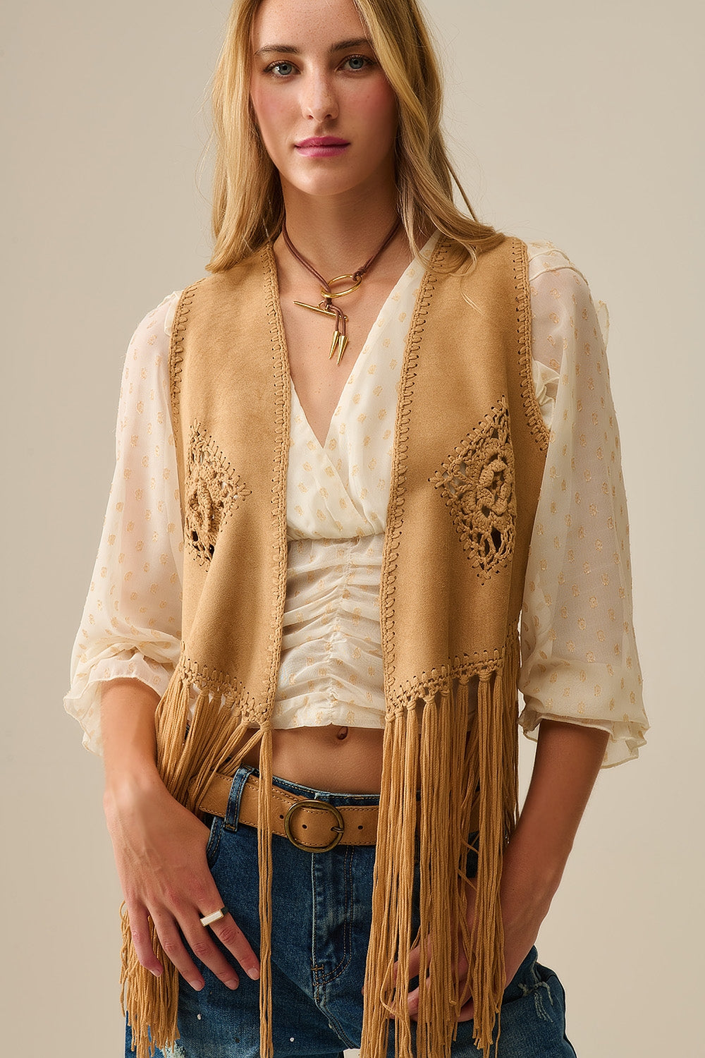 Cowgirl Style Fringe Faux Suede Vest in Camel - Vests