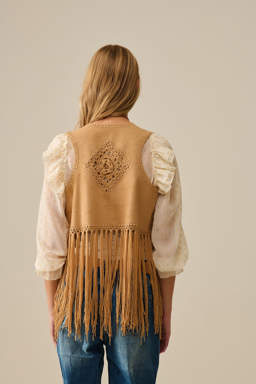 Cowgirl Style Fringe Faux Suede Vest in Camel - Vests