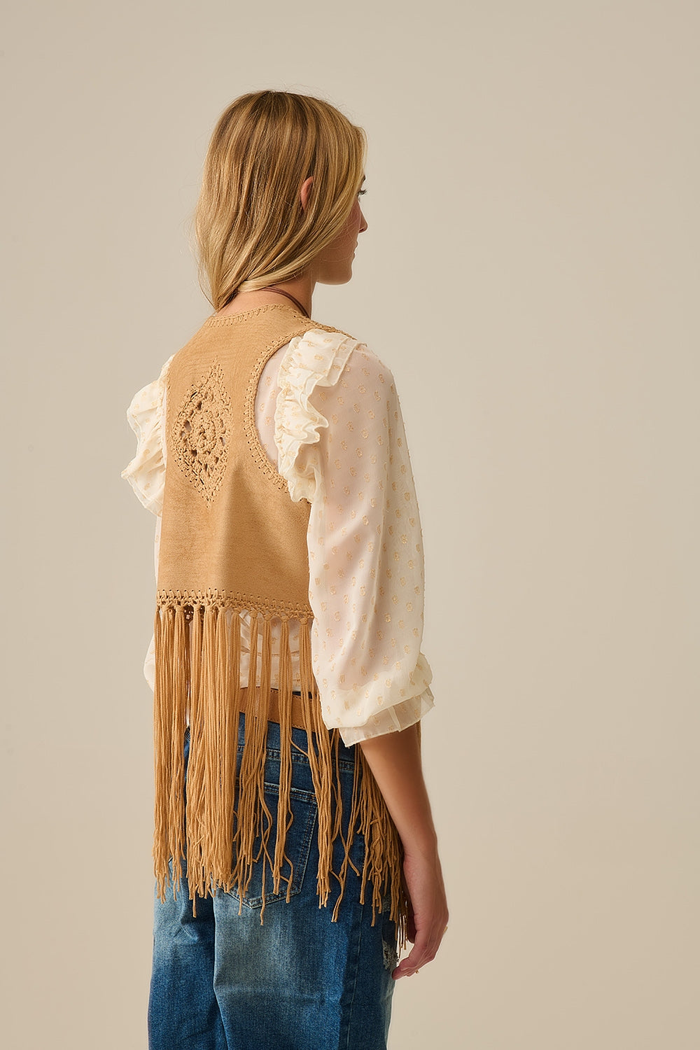Cowgirl Style Fringe Faux Suede Vest in Camel - Vests