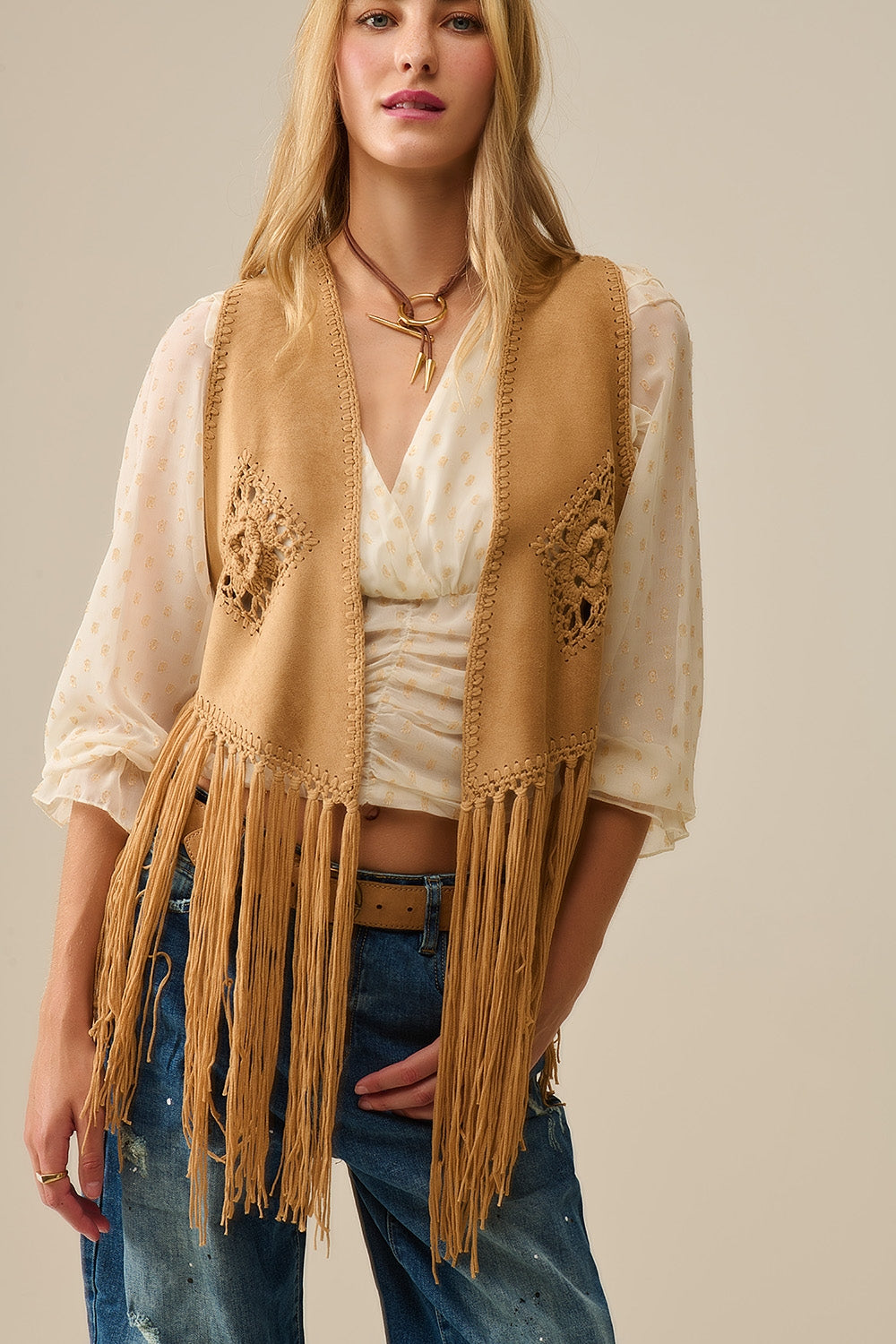 Cowgirl Style Fringe Faux Suede Vest in Camel - Vests